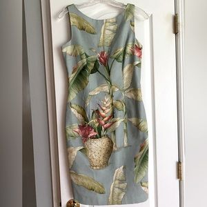 Maggy London Sheath Dress  Sleeves Tropical Palms Beads Size 4 Cotton